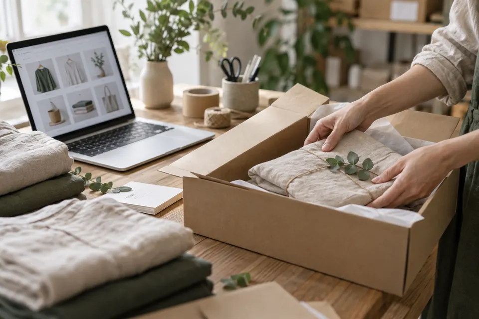 オンラインショップの画面を確認しながら商品を梱包するイメージ