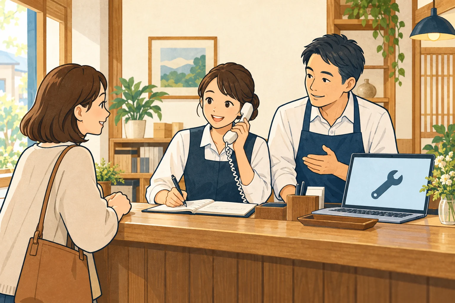 サイトのメンテナンス中に、電話と受付記録で予約を受け付けるスタッフのイラスト