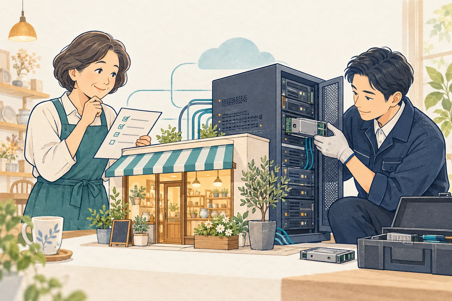 経営者と管理担当者が、店舗の裏側にあるサーバーの保守を確認するイラスト