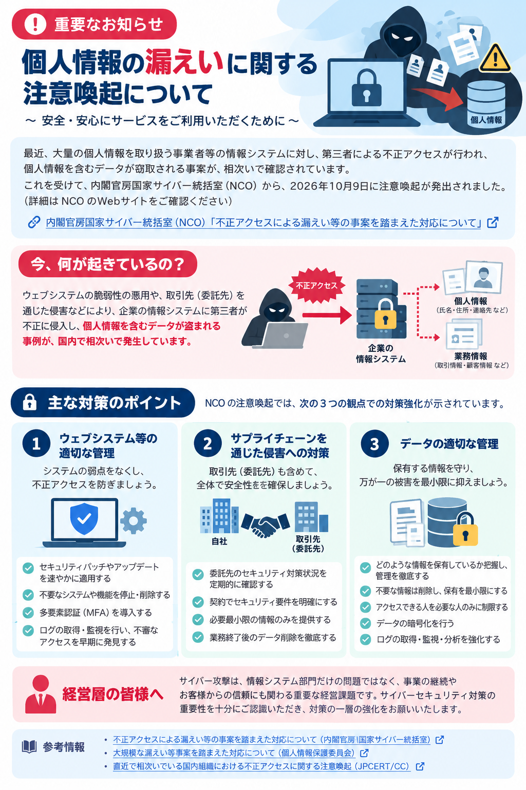 個人情報漏えいに関する国の注意喚起と3つの主な対策を示す図解