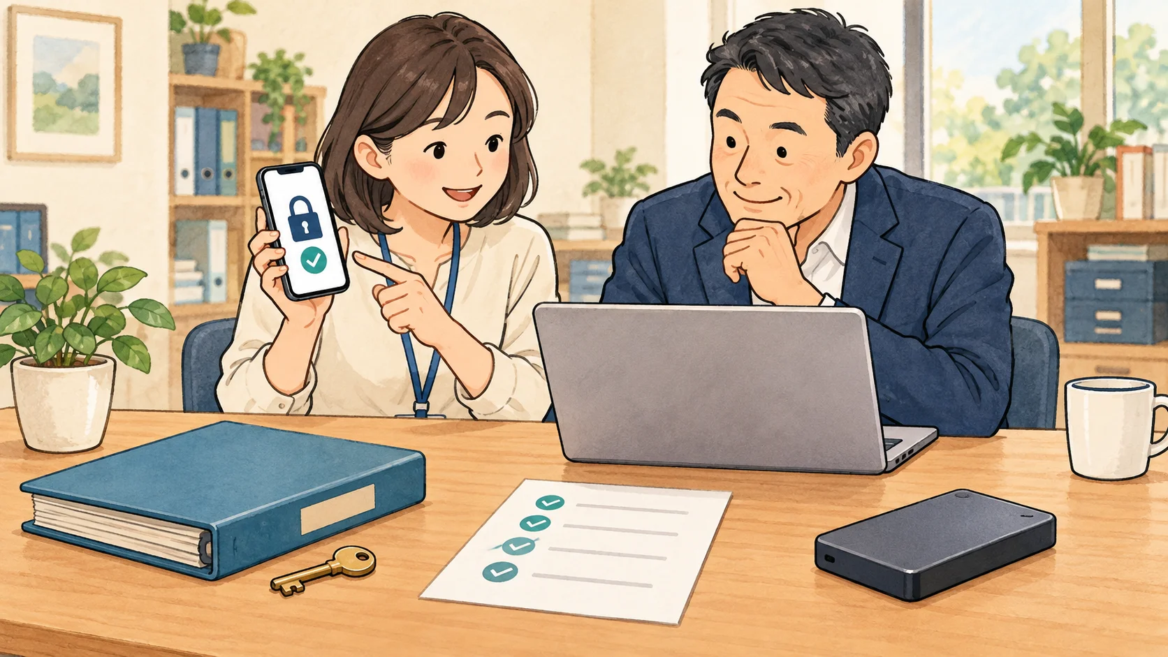経営者と事務担当者がスマートフォンでの本人確認やバックアップについて相談するイラスト
