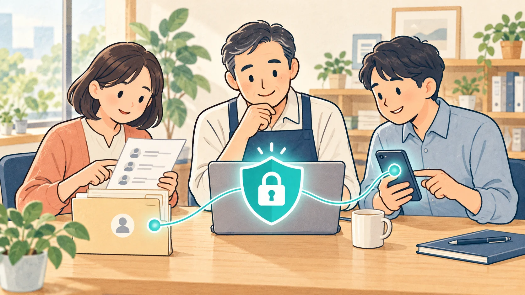 小さな会社の経営者とスタッフが、顧客情報の管理について一緒に確認するイラスト