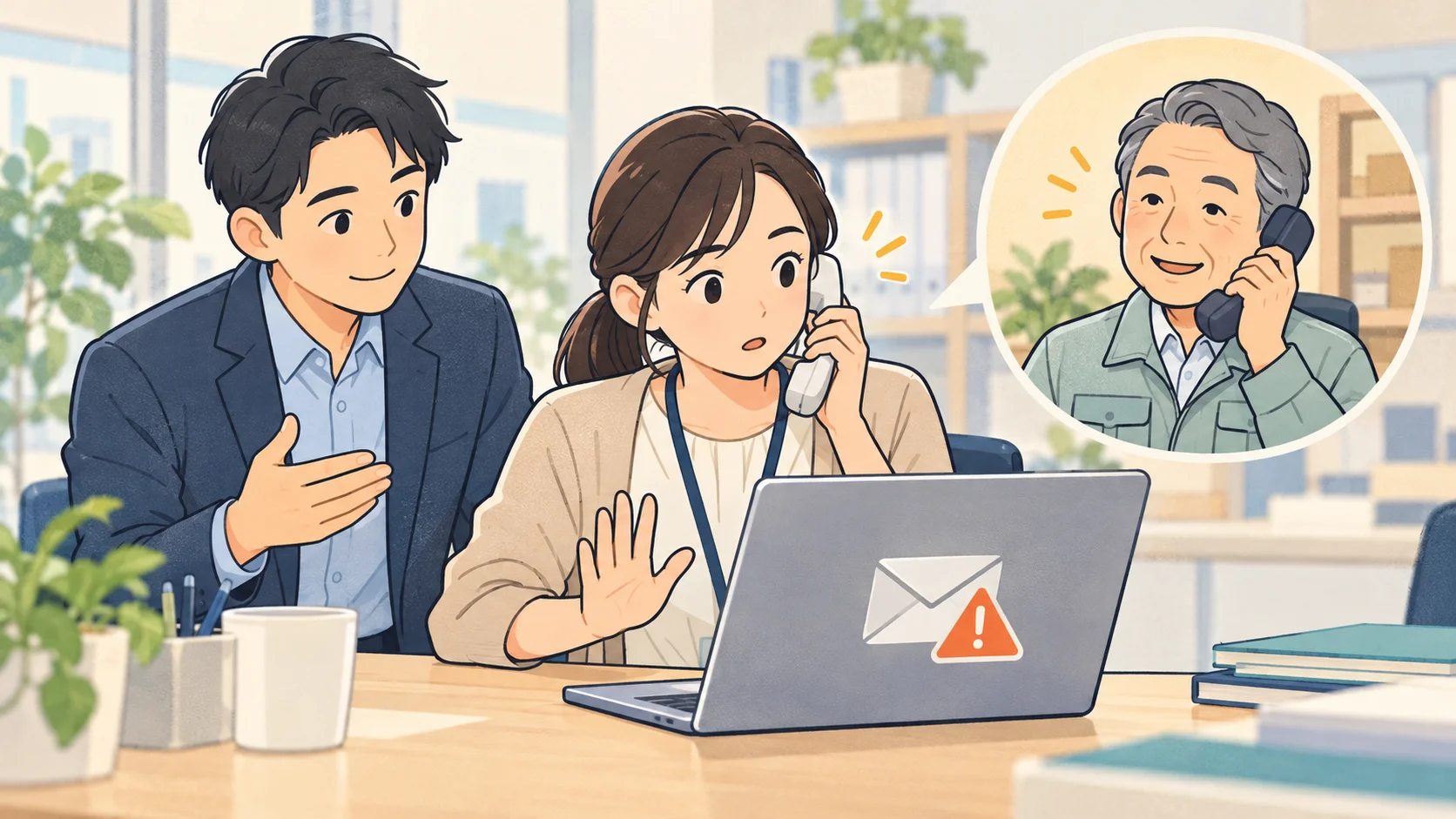 不審なメールにすぐ対応せず、普段から知っている取引先へ電話で確認するスタッフのイラスト