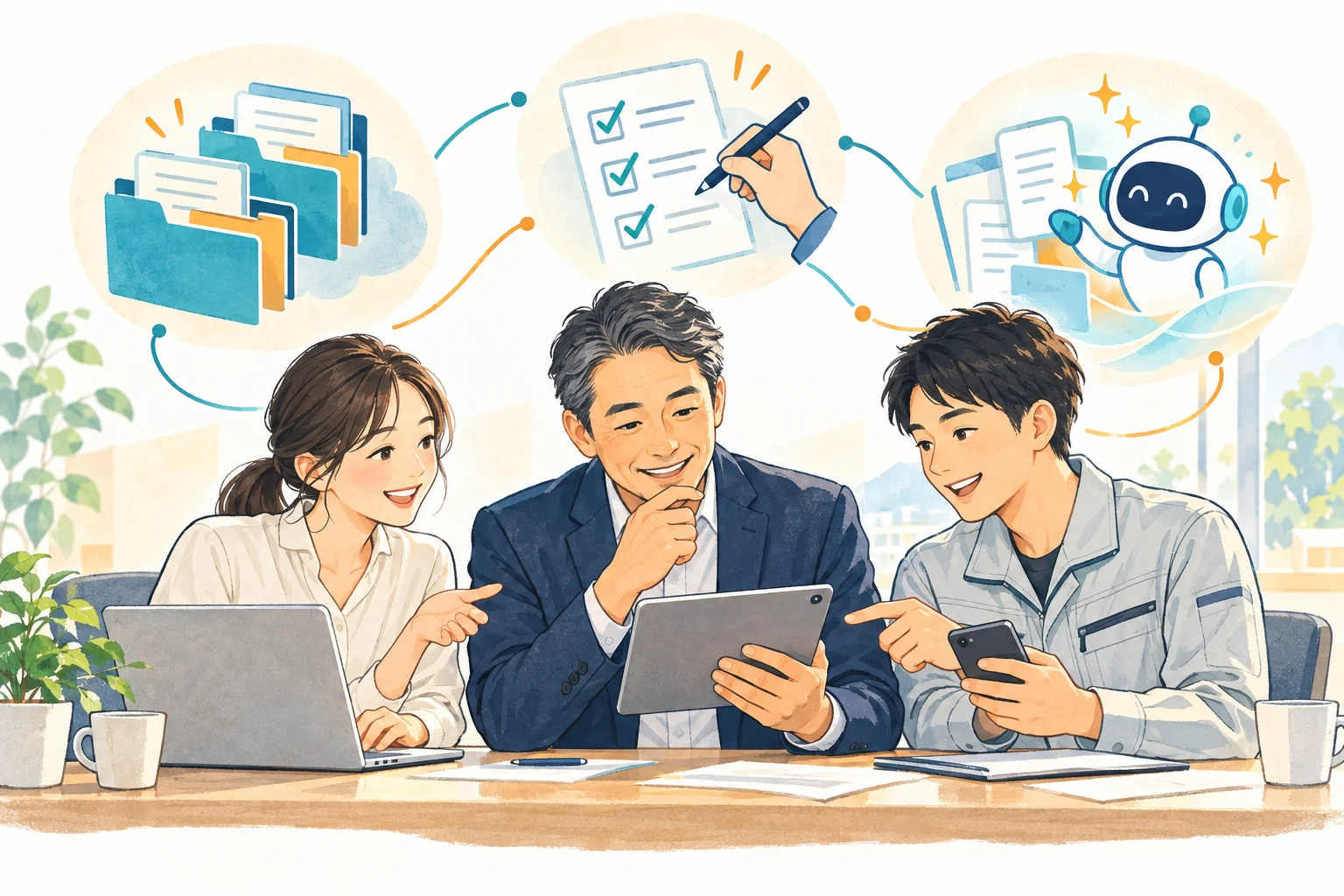 中小企業の経営者とスタッフが、情報共有とAI活用で仕事の進め方を考えるオリジナルイラスト